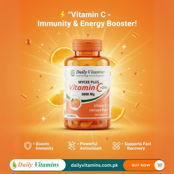 A high-contrast, product-focused ad creative featuring a vitamin C supplement bottle surrounded by energetic orange citrus imagery and clear benefit callouts.